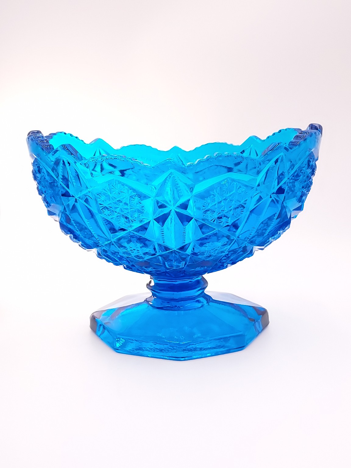 Bright blue vintage pressed glass pedestal bowl